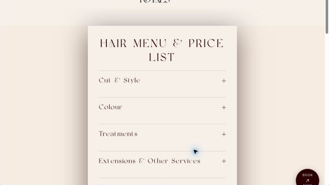 Royals Hair menu and price list with expandable service sections.